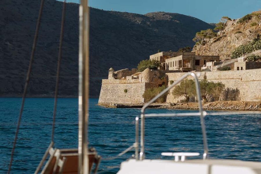 Agios Nikolaos All-inclusive Catamaran Cruise & Water Toys - Sailing out of Agios Nikolaos: the “warm start” routine
