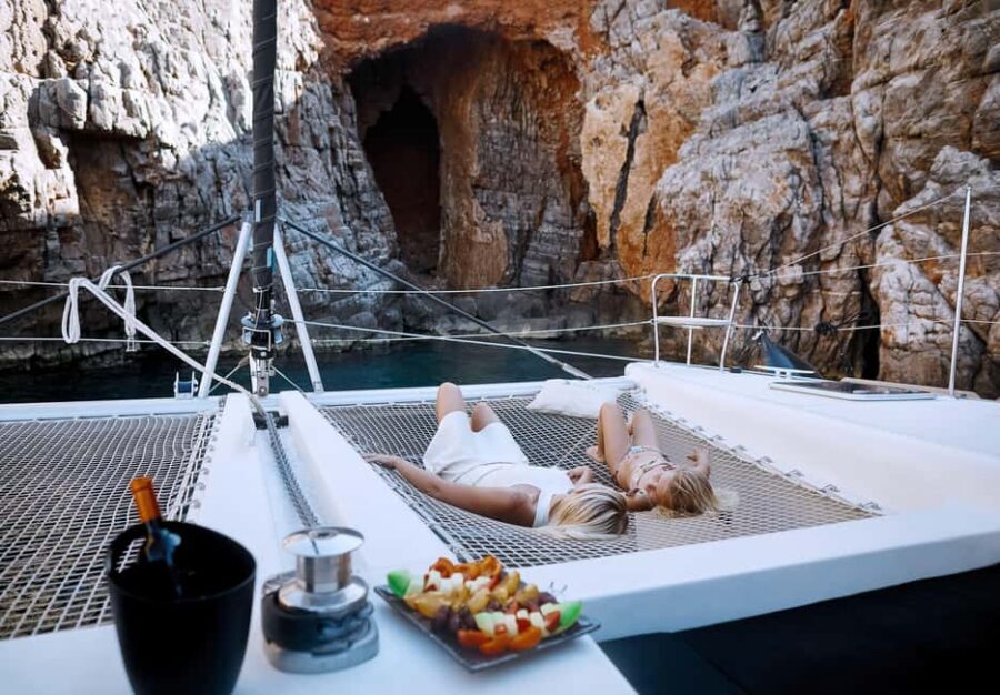 Agios Nikolaos All-inclusive Catamaran Cruise & Water Toys - Kolokytha Bay: the long water playground you came for