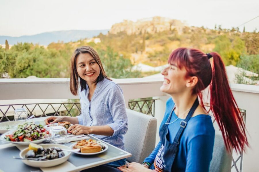Athens: Greek Cuisine Cooking Class and 3-Course Dinner - Dessert and the table: wine included, and sometimes the Acropolis view