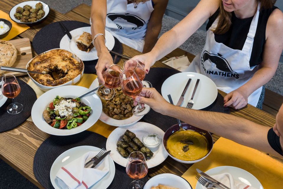Athens: Traditional Greek Cooking Class with Full Meal - Eating the meal with an Acropolis view