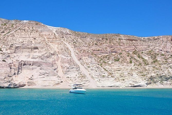 Best of Milos and Poliegos Catamaran snorkelling Cruise with BBQ - Gerakas Beach: emerald water and perlite sandslides