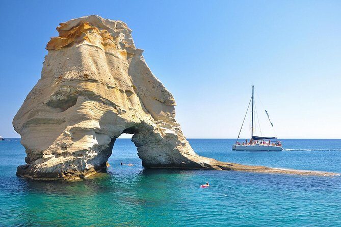 Catamaran Full Day Cruise: Poliegos - Kleftiko - Sikia Cave views: a quick pause for something different