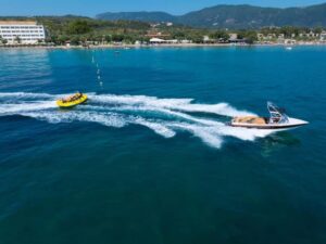 Corfu: Watersports - Inflatable Rides near Corfu Town - Getting there: orange flags, Elea Beach Hotel, and the floating pontoon