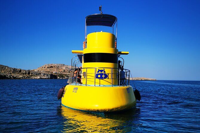 Explore Lindos Aboard the Hippo Submarine - Lindos Beach photo stop: short walk, big backdrop