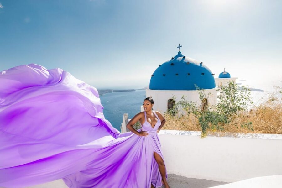 Flying dress Photoshoot in Santorini with Hotel Pickup - Photographer direction: fast posing, local angles, and names you may see