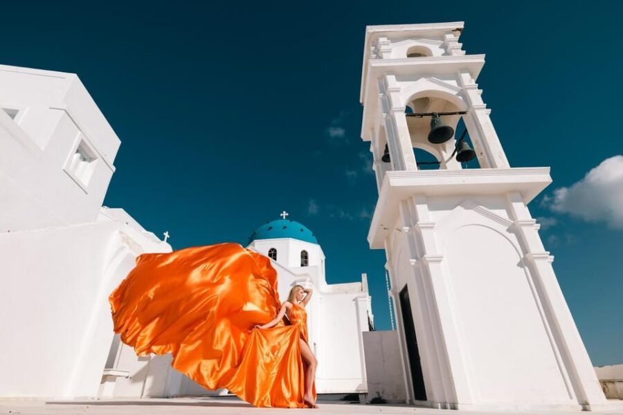 Flying dress Photoshoot in Santorini with Hotel Pickup - Imerovigli: white walls, blue domes, and caldera mood
