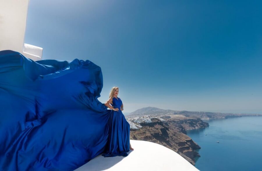 Flying dress Photoshoot in Santorini with Hotel Pickup - Your photo delivery: raw files now, edited sets later