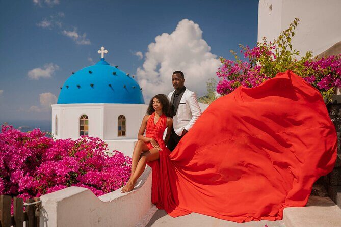 Flying Dress Photoshoot in Santorini - Imerovigli blue domes: where the photos get their magic