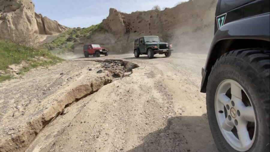 From Fira: Santorini Wrangler Jeep Convoy Tour & Villages - Pyrgos warm-up and the first real dirt-road stretch to Megalochori