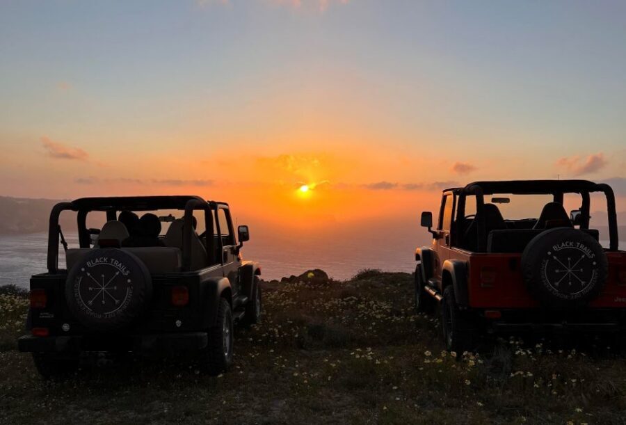 From Fira: Santorini Wrangler Jeep Convoy Tour & Villages - Akrotiri area, Kaminia climbs, and two views that scream caldera