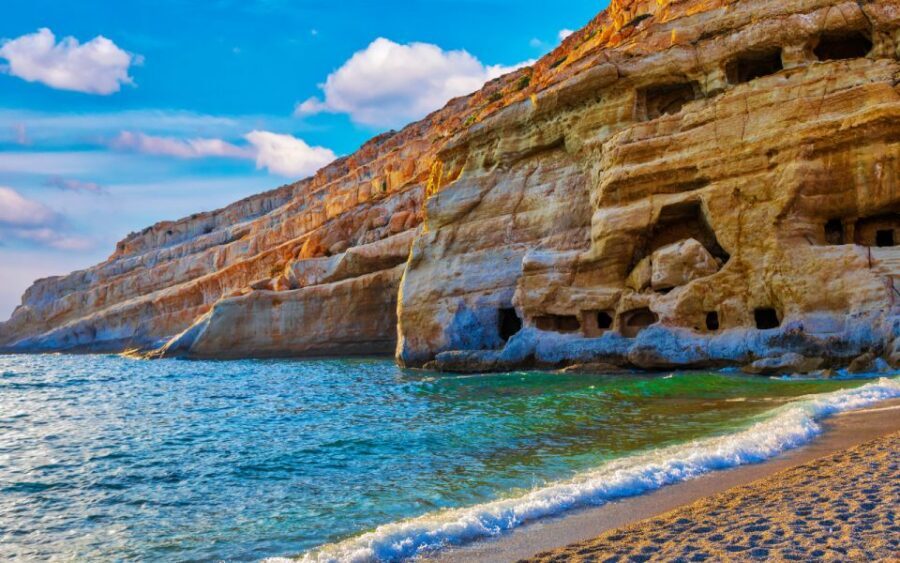From Heraklion: Matala Hippie Beach, Relaxing Trip & Pickup - Matala Beach: golden sand, clear water, and smart ways to sit