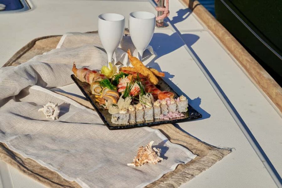 Kissamos: Catamaran Balos Sunset Cruise with Sushi & Drinks - The catamaran setup: shade, sunbeds, and space to breathe