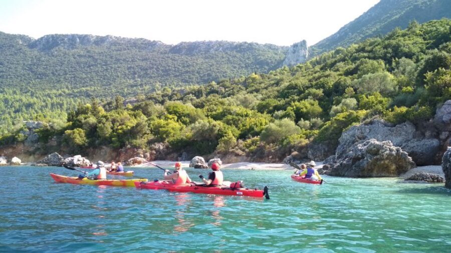 Lefkada: Full Day Sea Kayaking Tour - The first big payoff: Red Rock Beach swim and snacks