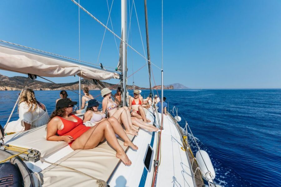 Milos: Kleftiko Cruise with Meal, Drinks and Photos at Sykia - The sailing stretch: Vani, Bear Rocks, and deck-view Milos