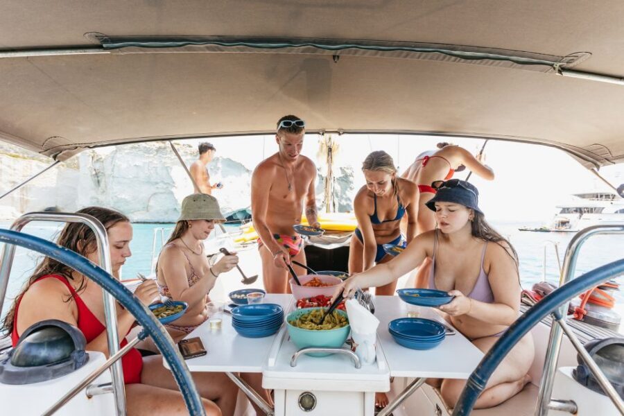 Milos: Kleftiko Cruise with Meal, Drinks and Photos at Sykia - Agios Dimitrios: a calmer swim hour with local snacks