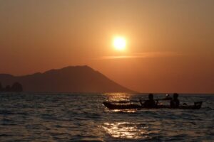 Milos: Sea Kayaking Trip at Sunset with Snack - Getting Settled in a Double Sea Kayak (With Rudder)