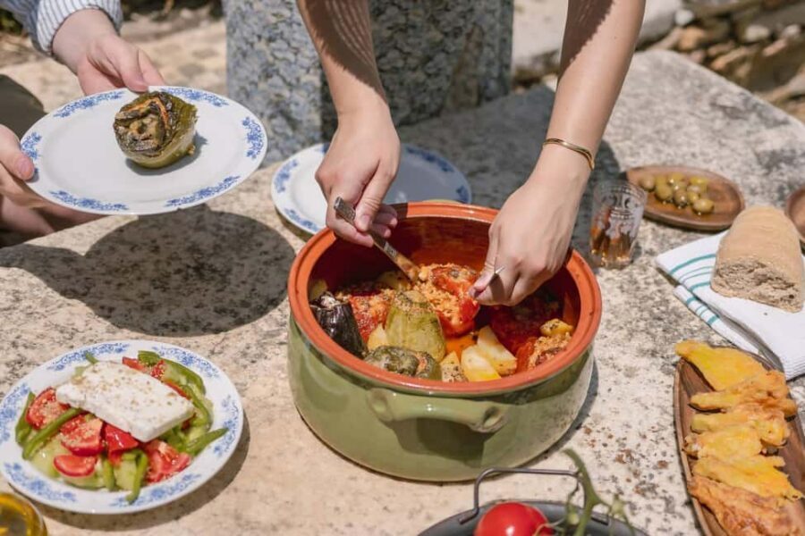 Naxos: Family Farm-table Cooking, Kouros Tour & Live Music - Lunch with local wine: the meal is the proof