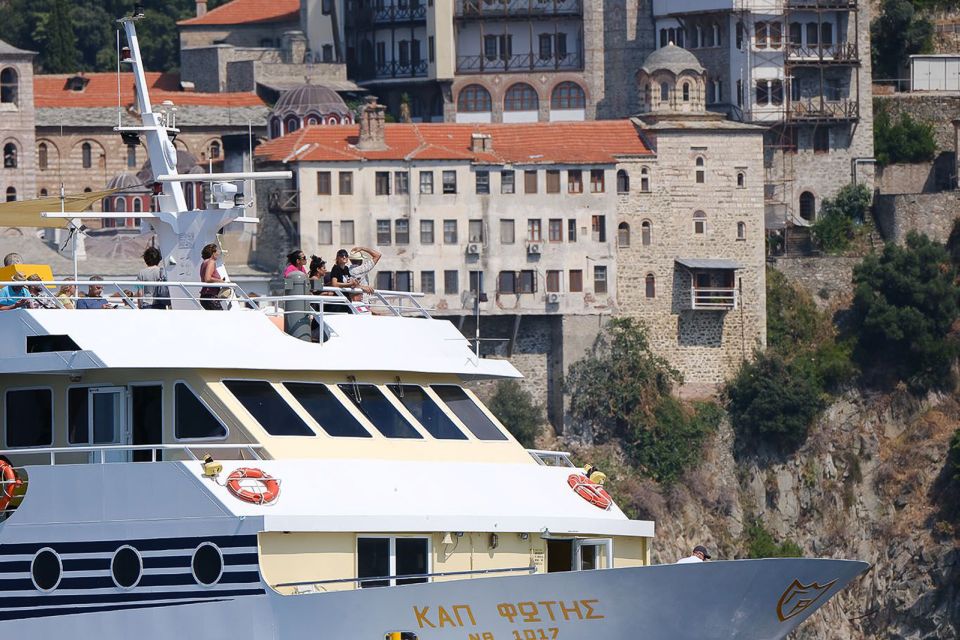 Ouranoupoli: Mount Athos Cruise with Ammouliani Island Visit - The first monastery views: Dochiariou and Xenophontos