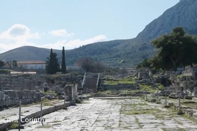 Private Biblical Apostle Paul steps in Ancient Corinth. - Acrocorinth and the fortress above the city