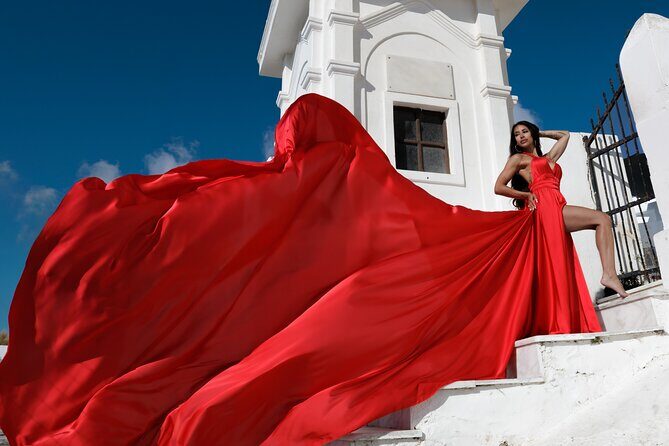 Private Flying Dress Photoshoot in Santorini – Blue Domes View - Flying dress rental: sizes, colors, and the fabric-flow assistant