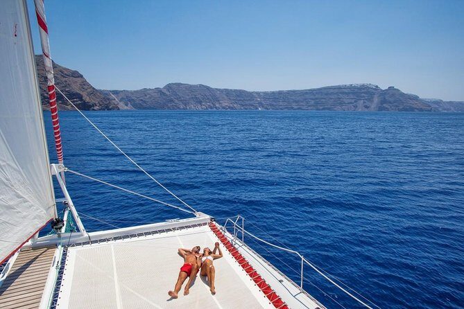 Sailing Catamaran Cruise in Santorini with BBQ, Drinks and Transfer - White Beach: your BBQ lunch + one last swim window