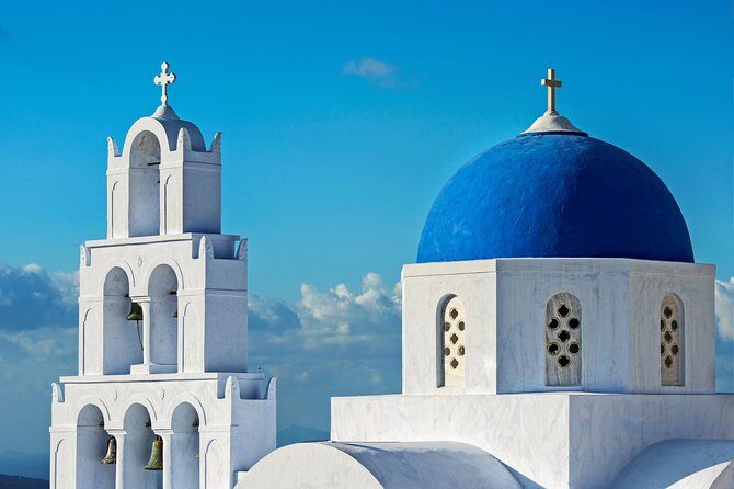 Santorini: 4hr Private First Impressions Tour - Stop 4: Three Bells of Fira and the classic blue-domed quick stop