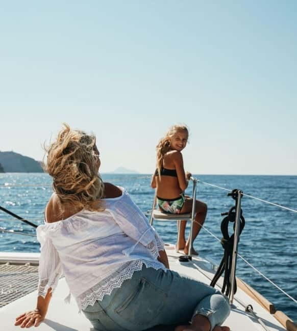 Santorini: All-Inclusive Private Catamaran Experience - Thirassia and the caldera sunset from sea level