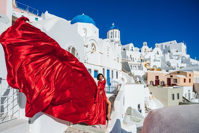 Santorini flying dress photo - Photo delivery: color correction, retouching, and when to expect them