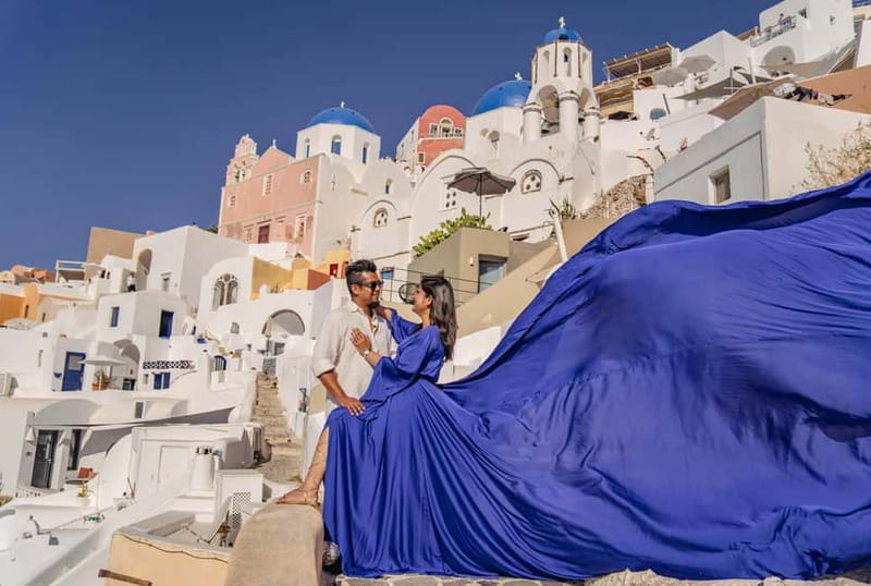 Santorini: Flying Dress Photoshoot Private Entry to Blue Dom - The Blue Domes And Separate Entrance