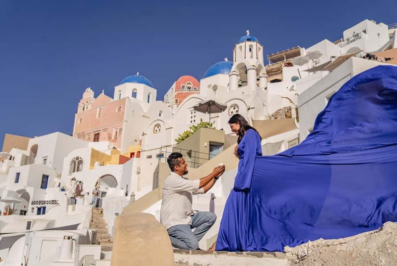 Santorini: Flying Dress Photoshoot Private Entry to Blue Dom - The Dress Collection And Styling Help