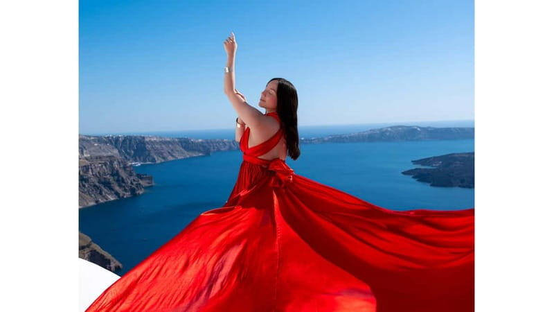 Santorini: Flying Dress Photoshoot with Edited Photos - Why Santorini Flying Dress photos work better than regular travel photos