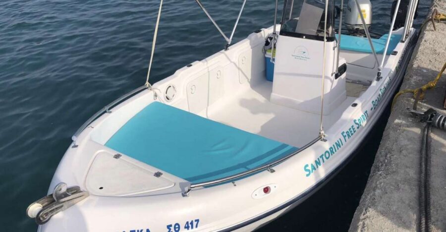Santorini: License-Free Boat Rental with Snorkeling Gear - What’s on board: fruit, towels, water toys, music