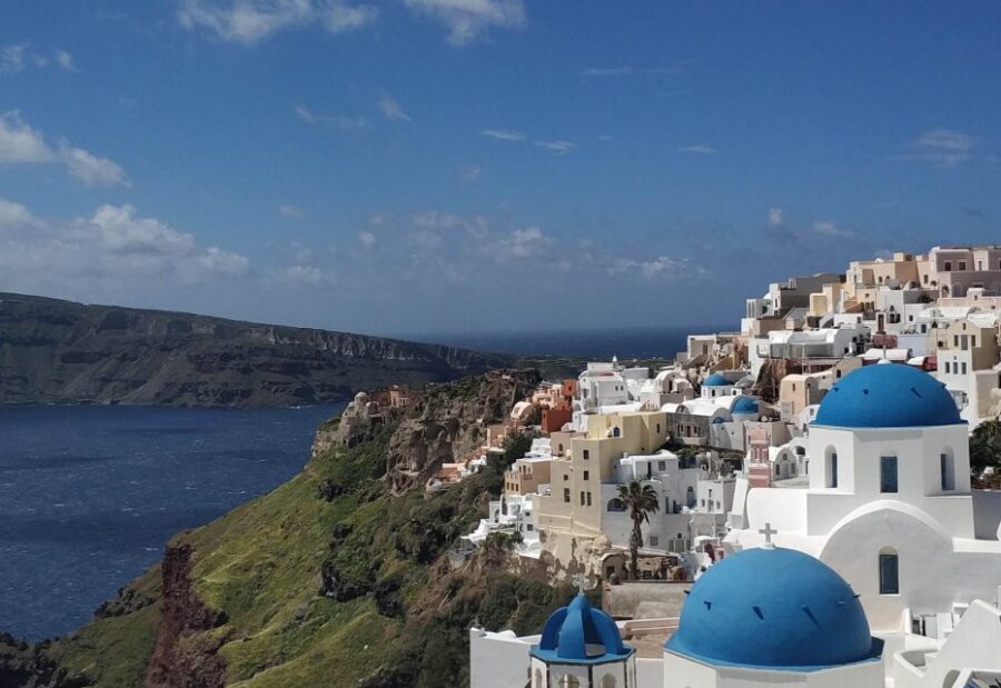 Santorini Panoramic Firostefani & Oia Blue Dome Private Tour - Firostefani first: caldera views and the Three Bells Church photo setup