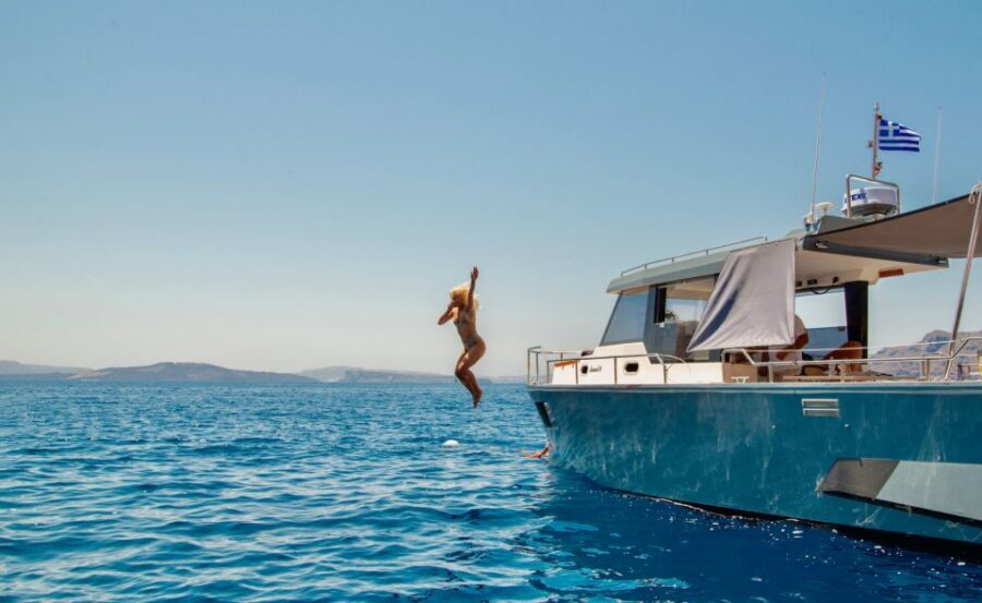Santorini: Private Diamond 36 Motor Yacht Caldera Cruise - Volcano energy and the hot springs swim