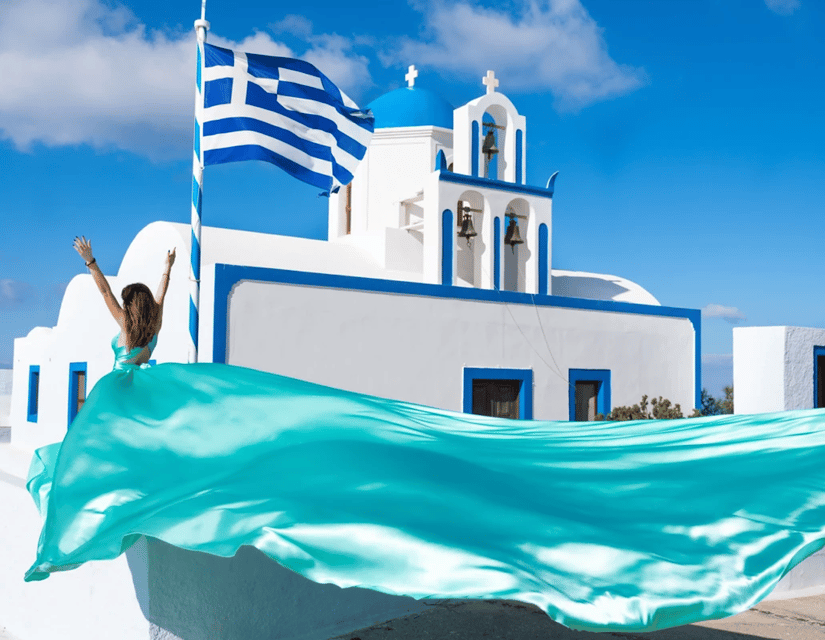 Santorini: Private Flying Dress Photoshoot with Pickup - Firostefani adds a different caldera view