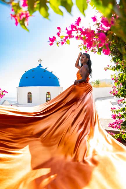 Santorini: Proffessional Flying Dress Photoshoot - Why Imerovigli Works So Well for This Shoot