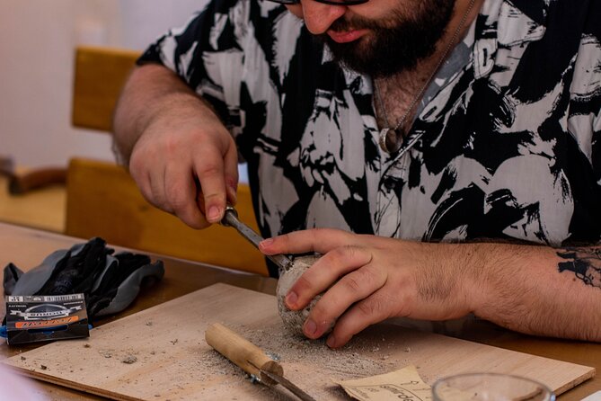 Wine tasting and Carving lesson in Santorini - Meeting Nicholas Katris and Starting the Carving Lesson